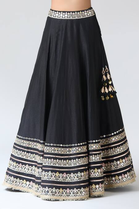 Buy Gopi Vaid Black Tussar, Organza Mirrors, Embroidery, Tassels V-neck Lehenga Set Online at Aza Fashions Buy_Gopi Vaid_Black Tussar, Organza Mirrors, Embroidery, Tassels V-neck Lehenga Set _Online_at_Aza_Fashions
