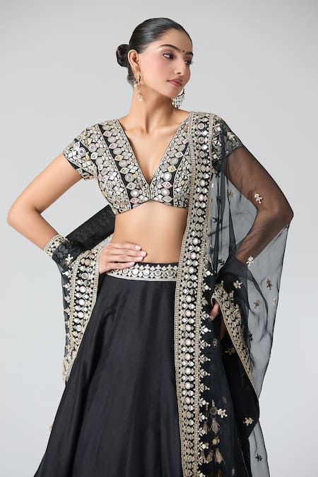 Gopi Vaid Black Tussar, Organza Mirrors, Embroidery, Tassels V-neck Lehenga Set at Aza Fashions Gopi Vaid_Black Tussar, Organza Mirrors, Embroidery, Tassels V-neck Lehenga Set _at_Aza_Fashions