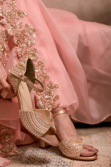 Buy_Coral Haze_Rose Gold Crystals, Sequins, Beads Embroidered Heels _Online_at_Aza_Fashions