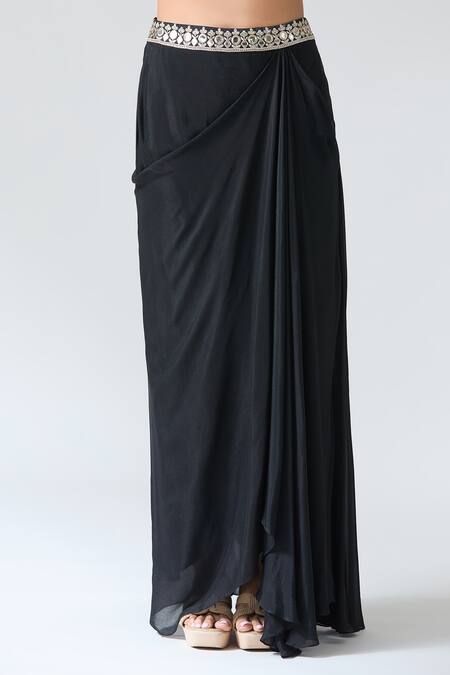 Gopi Vaid Black Tussar, Crepe Mirrors Sweetheart Neck Embroidered Draped Skirt Set at Aza Fashions Gopi Vaid_Black Tussar, Crepe Mirrors Sweetheart Neck Embroidered Draped Skirt Set _at_Aza_Fashions