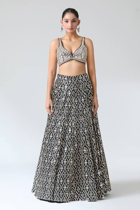 Shop_Gopi Vaid_Black Tussar, Organza, Kota Doria Mirrors, Embroidery Round Work Lehenga Set _Online_at_Aza_Fashions