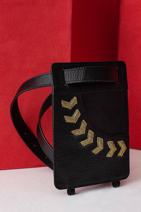 Shop_Econock Studio_Black Embroidery Leather Bag And Pocket Extension Set _Online_at_Aza_Fashions