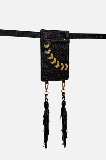 Econock Studio_Black Embroidery Leather Bag And Pocket Extension Set _at_Aza_Fashions