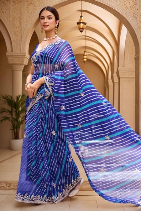 Buy_Samyukta Singhania_Blue Kota Doria Patti, Embroidery Leheriya Pattern Saree With Blouse Piece