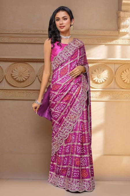 Buy Samyukta Singhania Purple Silk Gota Patti, Zari, Sequins Work Bandhani Gharchola Saree Buy_Samyukta Singhania_Purple Silk Gota Patti, Zari, Sequins Work Bandhani Gharchola Saree