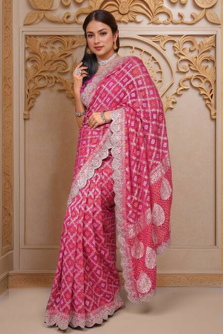 Samyukta Singhania_Pink Georgette Gota Patti, Zari Round Neck Bandhani Pattern Banarasi Saree_at_Aza_Fashions