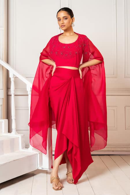 Oshi By Shikha Embroidered Fuchsia Cape & Draped Skirt Set 