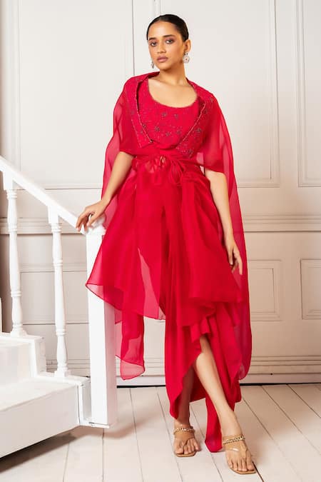 Oshi By Shikha Embroidered Fuchsia Cape & Draped Skirt Set 
