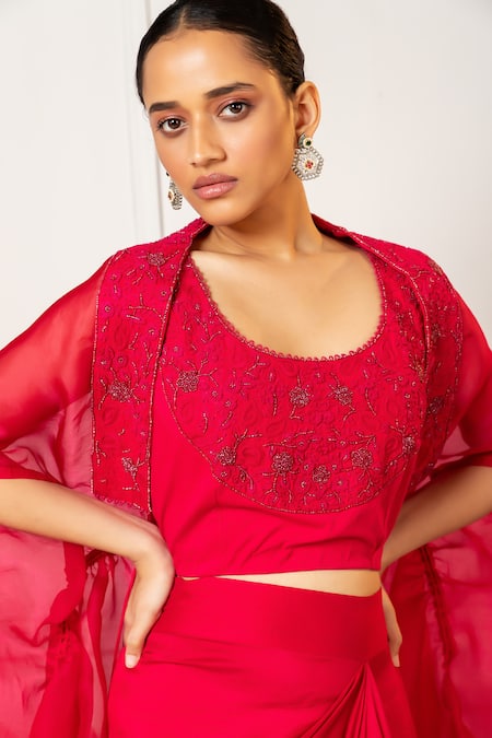 Buy Oshi By Shikha Fuchsia , Cotton, Organza Beads, Embroidery Cape And Draped Skirt Set Online at Aza Fashions Buy_Oshi By Shikha_Fuchsia , Cotton, Organza Beads, Embroidery Cape And Draped Skirt Set _Online_at_Aza_Fashions