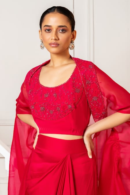 Shop Oshi By Shikha Fuchsia , Cotton, Organza Beads, Embroidery Cape And Draped Skirt Set Online at Aza Fashions Shop_Oshi By Shikha_Fuchsia , Cotton, Organza Beads, Embroidery Cape And Draped Skirt Set _Online_at_Aza_Fashions
