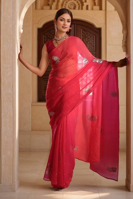 Shop_Naintara Bajaj_Red Chiffon Gota Patti, Embroidery V-neck Work Saree And Blouse Piece_Online_at_Aza_Fashions