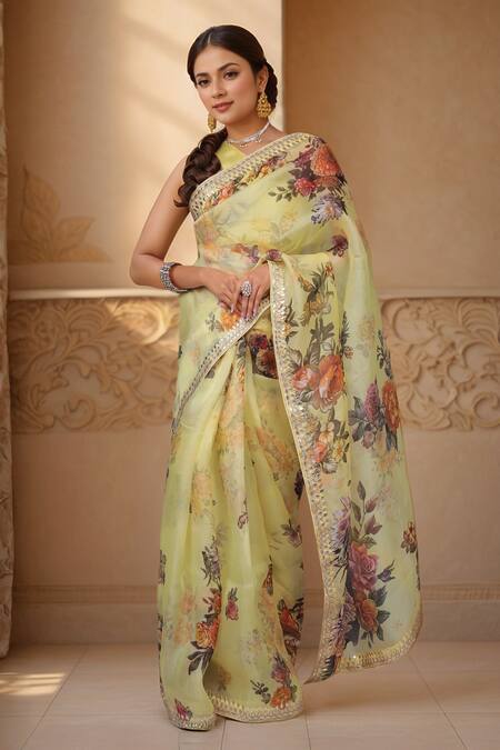 Shop Samyukta Singhania Yellow Organza Gota Patti, Embroidery Floral Work Printed Saree And Blouse Piece Online at Aza Fashions Shop_Samyukta Singhania_Yellow Organza Gota Patti, Embroidery Floral Work Printed Saree And Blouse Piece_Online_at_Aza_Fashions