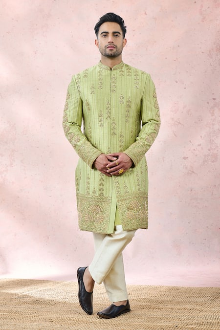 Masaba_Green Silk, Viscose Embroidery The Pista Barfi Sherwani Pant Set _at_Aza_Fashions