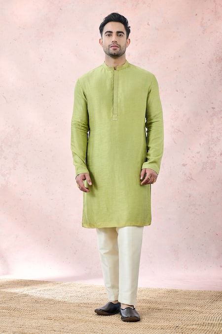 Shop_Masaba_Green Silk, Viscose Embroidery The Pista Barfi Sherwani Pant Set 