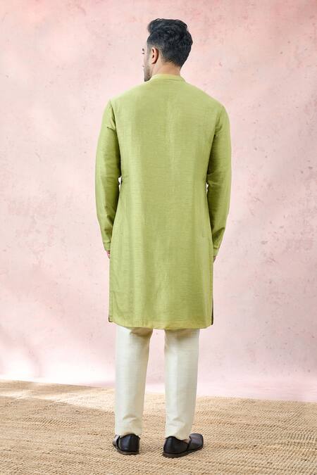 Buy_Masaba_Green Silk, Viscose, Jacquard Embroidery The Pista Barfi Sherwani And Pant Set _Online_at_Aza_Fashions
