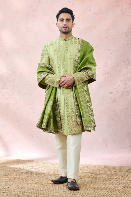 Shop_Masaba_Green Silk, Viscose, Jacquard Embroidery The Pista Barfi Sherwani And Pant Set _Online_at_Aza_Fashions