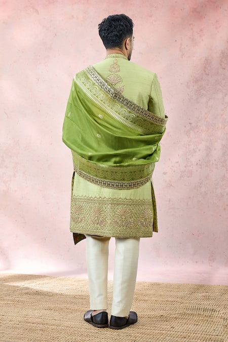 Masaba_Green Silk, Viscose, Jacquard Embroidery The Pista Barfi Sherwani And Pant Set _at_Aza_Fashions