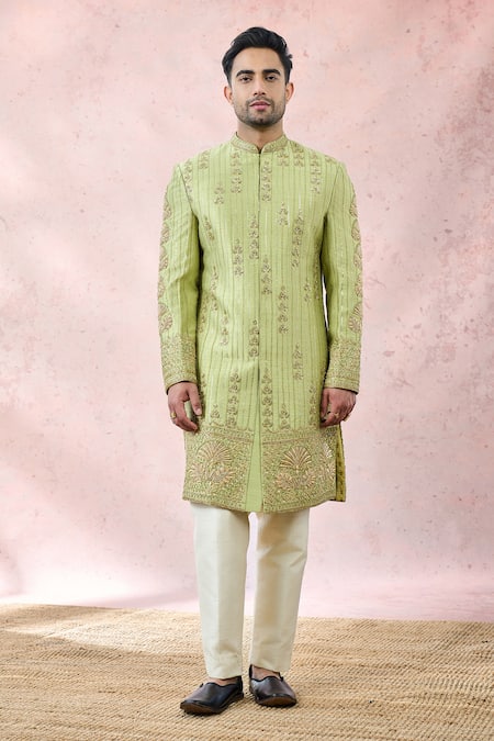 Buy_Masaba_Green Silk, Viscose, Jacquard Embroidery The Pista Barfi Sherwani And Pant Set 