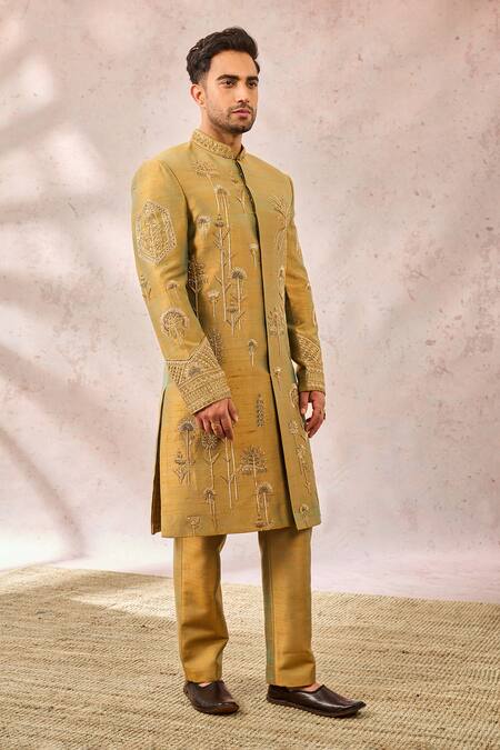 Buy_Masaba_Beige Silk Cut Work, Sequins, Beads The Kesar Varak Sherwani Pant Set 