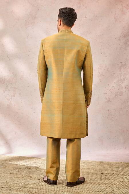 Shop_Masaba_Beige Silk Cut Work, Sequins, Beads The Kesar Varak Sherwani Pant Set 