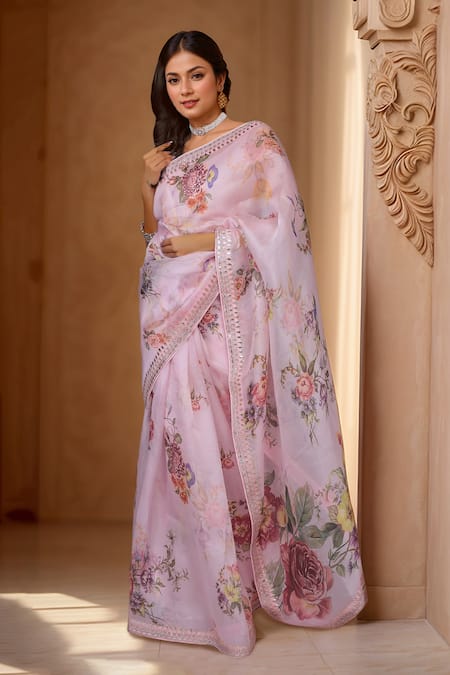 Buy_Samyukta Singhania_Pink Organza Gota Patti, Embroidery Floral Print Saree And Unstitched Blouse