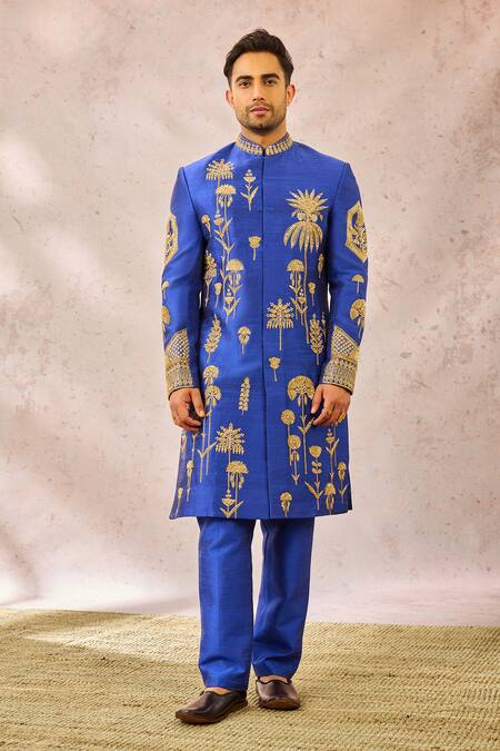 Buy_Masaba_Blue Silk Cut Work, Embroidery The Neel Bahar Sherwani Pant Set _Online_at_Aza_Fashions
