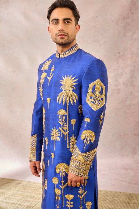 Masaba_Blue Silk Cut Work, Embroidery The Neel Bahar Sherwani Pant Set _at_Aza_Fashions