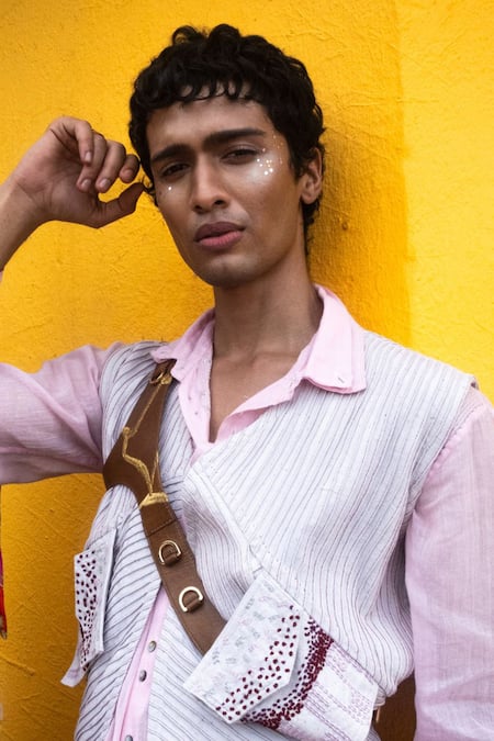 Shop Econock Studio Brown Embroidery Kintsugi Harness Belt at Aza Fashions Shop_Econock Studio_Brown Embroidery Kintsugi Harness Belt _at_Aza_Fashions