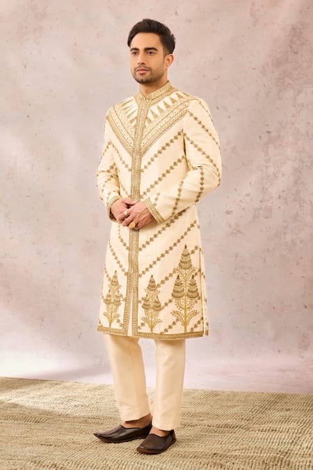 Shop_Masaba_Ivory Silk, Viscose Zari, Metallic Thread The Malai Burfi Sherwani Pant Set _Online_at_Aza_Fashions