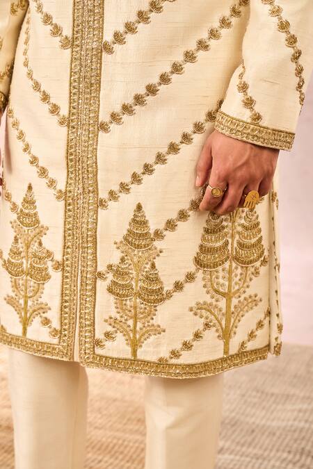 Masaba_Ivory Silk, Viscose Zari, Metallic Thread The Malai Burfi Sherwani Pant Set _at_Aza_Fashions