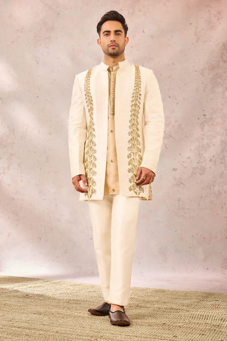Masaba_Ivory Georgette, Silk Zari, Cut Work, Pearls The Kaju Katli Raja Koti Pant Set _Online_at_Aza_Fashions