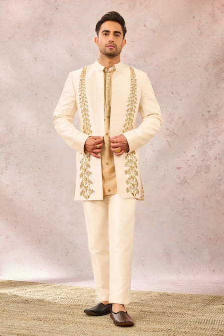 Buy_Masaba_Ivory Georgette, Silk Zari, Cut Work, Pearls The Kaju Katli Raja Koti Pant Set _Online_at_Aza_Fashions