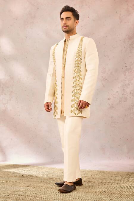 Shop_Masaba_Ivory Georgette, Silk Zari, Cut Work, Pearls The Kaju Katli Raja Koti Pant Set _Online_at_Aza_Fashions