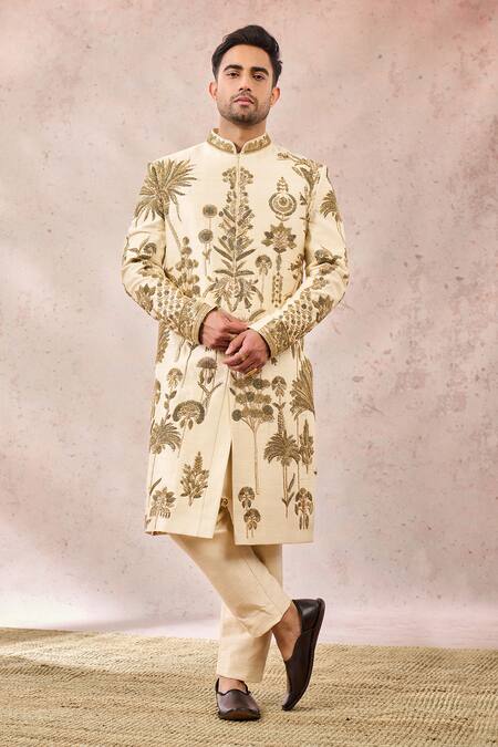 Shop_Masaba_Ivory Silk Zari, Diamonds The Sandesh Sherwani Pant Set _Online_at_Aza_Fashions