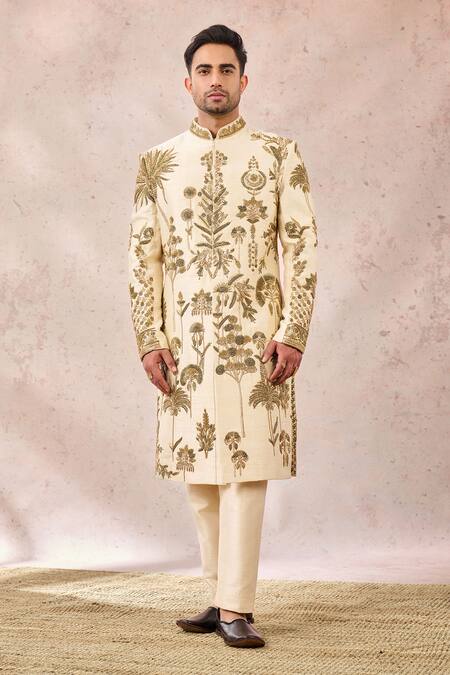 Masaba_Ivory Silk Zari, Diamonds The Sandesh Sherwani Pant Set _at_Aza_Fashions