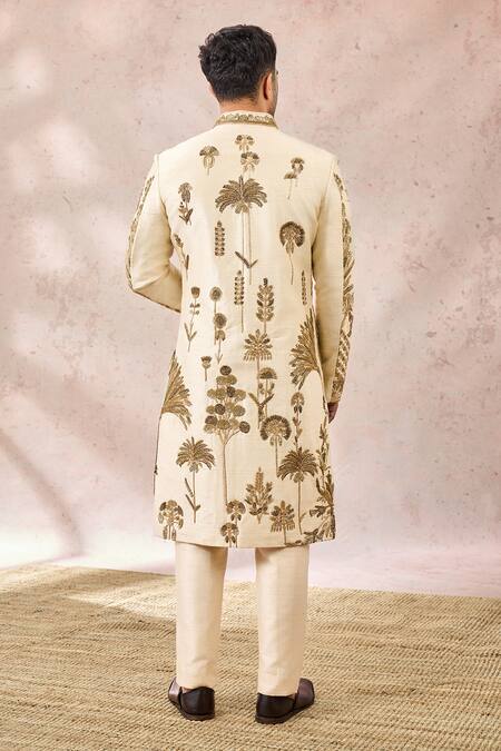 Buy_Masaba_Ivory Silk Zari, Diamonds The Sandesh Sherwani Pant Set 