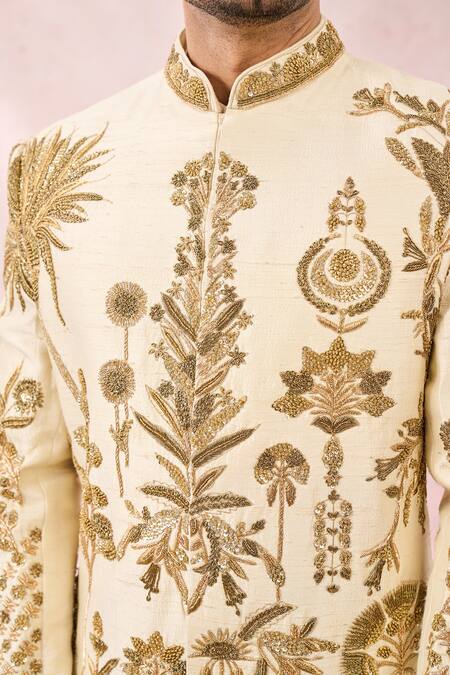 Shop_Masaba_Ivory Silk Zari, Diamonds The Sandesh Sherwani Pant Set 