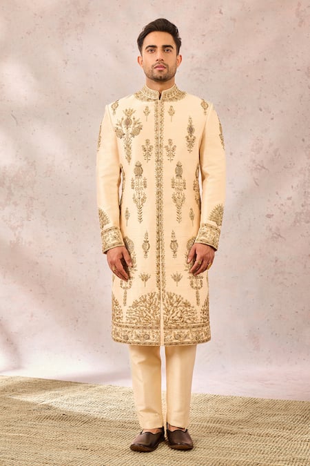 Buy_Masaba_Beige Silk, Cotton Cut Work, Sequins, Zari The Matka Kulfi Sherwani Pant Set _Online_at_Aza_Fashions