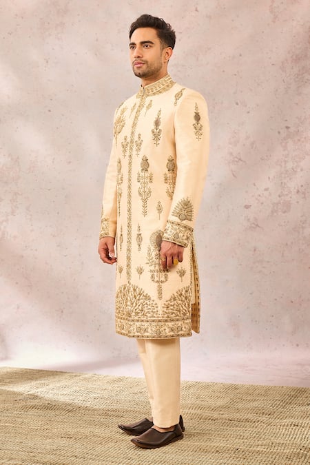 Shop_Masaba_Beige Silk, Cotton Cut Work, Sequins, Zari The Matka Kulfi Sherwani Pant Set _Online_at_Aza_Fashions