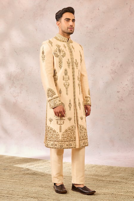 Masaba_Beige Silk, Cotton Cut Work, Sequins, Zari The Matka Kulfi Sherwani Pant Set _at_Aza_Fashions