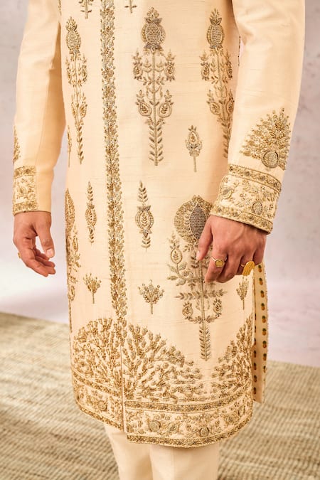 Shop_Masaba_Beige Silk, Cotton Cut Work, Sequins, Zari The Matka Kulfi Sherwani Pant Set 