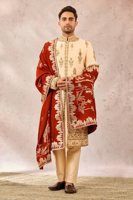 Buy_Masaba_Beige Silk, Dupion, Brocade Cut Work, Sequins Embroidered Sherwani Pant Set 