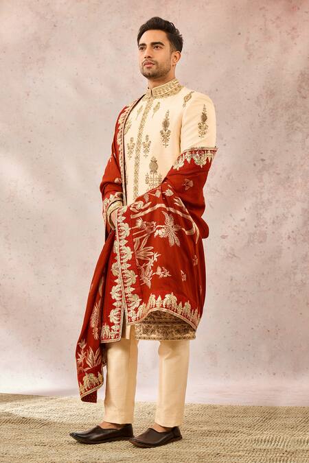 Shop_Masaba_Beige Silk, Dupion, Brocade Cut Work, Sequins Embroidered Sherwani Pant Set 