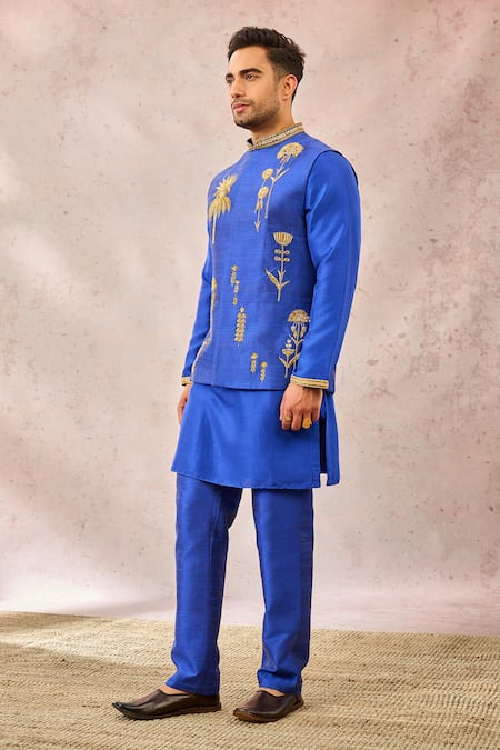 Shop_Masaba_Blue Silk Embroidery Navy Bundi Kurta Set _Online_at_Aza_Fashions