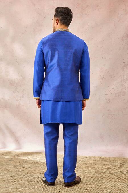 Masaba_Blue Silk Embroidery Navy Bundi Kurta Set _at_Aza_Fashions