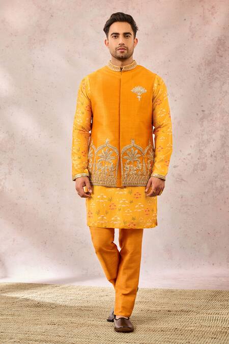 Masaba_Yellow Silk, Viscose Embroidery, Beads Mustard Gul Jharokha Bundi Set _Online_at_Aza_Fashions