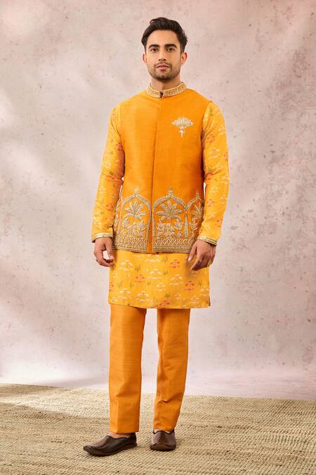 Shop_Masaba_Yellow Silk, Viscose Embroidery, Beads Mustard Gul Jharokha Bundi Set _Online_at_Aza_Fashions