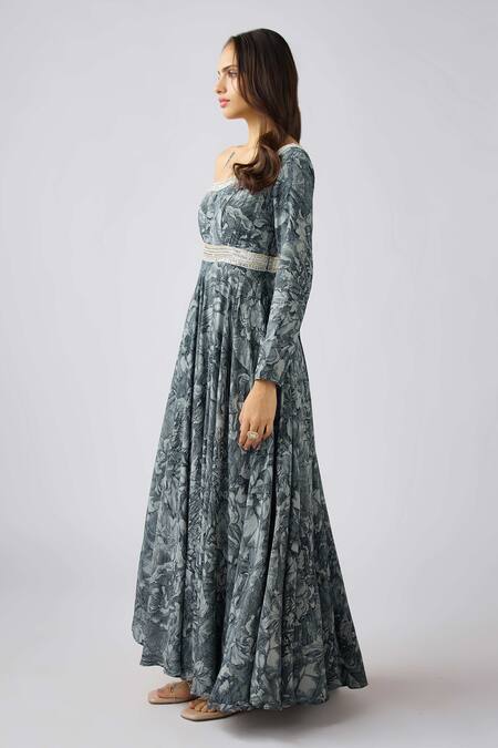 Basanti - Kapde Aur Koffee Gray Crepe Embroidery, Sequins, Beads Asymmetric Grey Floral Print Anarkali Set Online at Aza Fashions Basanti - Kapde Aur Koffee_Gray Crepe Embroidery, Sequins, Beads Asymmetric Grey Floral Print Anarkali Set _Online_at_Aza_Fashions