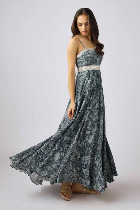 Shop Basanti - Kapde Aur Koffee Gray Crepe Embroidery, Sequins, Beads Asymmetric Grey Floral Print Anarkali Set Online at Aza Fashions Shop_Basanti - Kapde Aur Koffee_Gray Crepe Embroidery, Sequins, Beads Asymmetric Grey Floral Print Anarkali Set _Online_at_Aza_Fashions