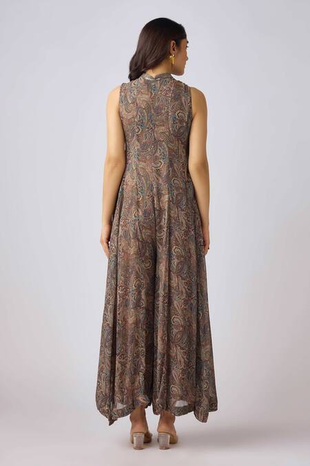 Shop Basanti - Kapde Aur Koffee Beige Georgette Cut Work Mandarin Collar Paisley Print Jumpsuit at Aza Fashions Shop_Basanti - Kapde Aur Koffee_Beige Georgette Cut Work Mandarin Collar Paisley Print Jumpsuit_at_Aza_Fashions